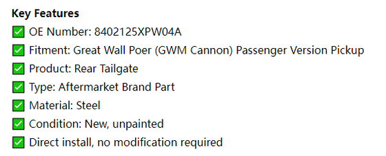 Brand new aftermarket steel rear tailgate OE#8402125XPW04A for Great Wall Poer Passenger pickup. Unpainted body panel for collision repair.